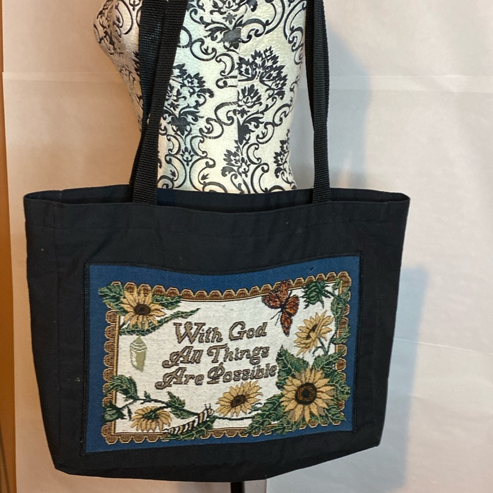 Tote bag with embroidered with God all things are possible saying